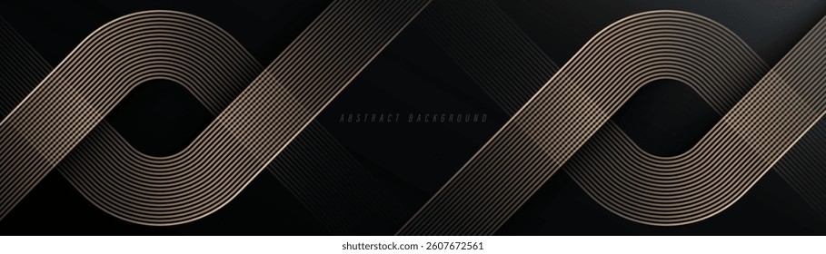 Abstract gold lines on dark background. Geometric stripe line art design. Modern luxury template. Suit for presentation, banner, header, cover, invitation, web, flyer, business. Vector illustration