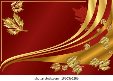 Abstract gold lines with gold and red maple leaves. Vector horizontal background.