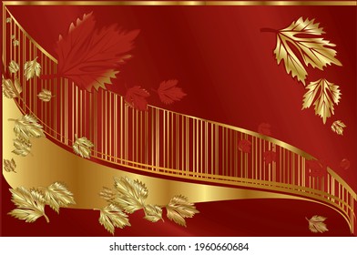 Abstract gold lines with gold and red maple leaves. Vector horizontal background.