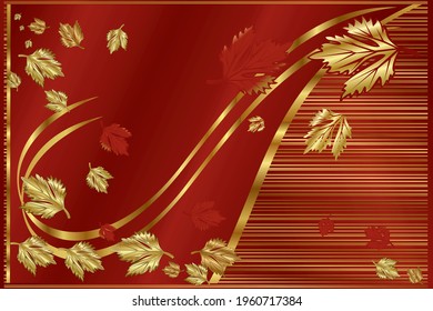 Abstract gold lines with gold and red maple leaves. Vector horizontal background.