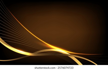 Abstract gold lines wave curve luxury on dark brown background vector illustration.