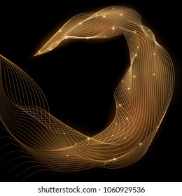 Abstract gold luminous spiral. Whirlpool of golden particles on black background