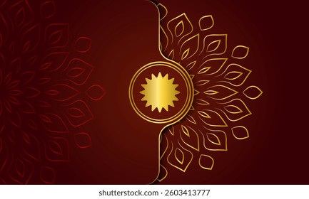 Abstract gold luxury mandala background vector template, Circular ornamental arabesque pattern for poster, cover, brochure, invitation, flyer. Red background with ethnic floral mandala elements