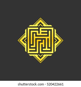 Abstract gold maze, maze emblem, gold pattern