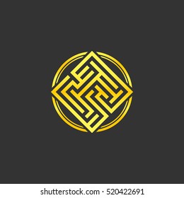 Abstract gold maze, maze emblem, gold pattern