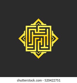 Abstract gold maze, maze emblem, gold pattern