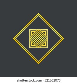 Abstract gold maze, maze emblem, gold pattern