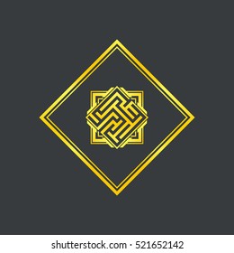 Abstract gold maze, maze emblem, gold pattern