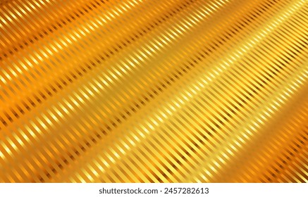Abstract Gold metal background with diagonal stripes golden lines. 3d gold stripy metallic backdrop. Luxury style. Luxury digital techno concept. Metal sheet geometric cover design. Elegant Vector.