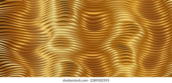 Resumen Fondo de metal dorado con olas. Tercer fondo metálico de rayas doradas. Resumen de los antecedentes de lujo. Textura dorada con rayas onduladas y curvas. Diseño de cubierta geométrica minimalista. EPS10 vectores.