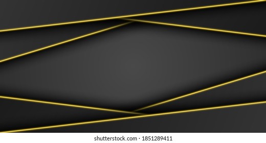 Abstract gold metallic black frame background, triangular overlap layer with bright yellow light line, diagonal shape, dark minimal design with copy space, vector illustration