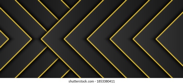Resumen de oro metálico, fondo de marco negro, capa de solapamiento triangular con línea de luz amarilla, forma de flecha o triángulo, diseño mínimo oscuro con espacio de copia, ilustración vectorial
