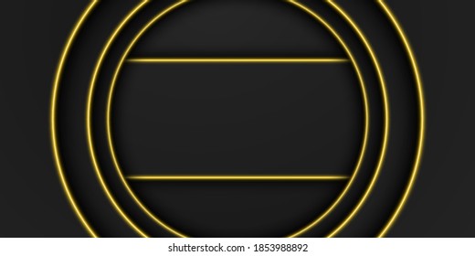 Abstract gold metallic, black frame background, circular overlap layer with yellow light line, circle and rectangle shape, dark minimal design with copy space, vector illustration