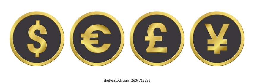 Abstrato ouro metálico moeda moeda, prêmio, medalha, símbolo. Euro, dólar, yuan, libra esterlina, mudança de moeda ícone de renderização em preto. Câmbio, câmbio de moeda. Vetor EPS10

