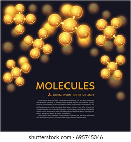 Abstract gold molecules design. EPS 10 vector illustration. Atoms. Medical background for banner or flyer. Molecular structure with glowing yellow spherical particles.