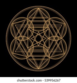 abstract gold monochrome abstract symbols of sacred geometry, intertwine shape, triangle line on black background.