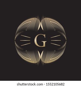 Abstract gold monogram, emblem, coat of arms, blazon, symbol, letter G sign, geometric golden lines pattern, ornament, vector modern design element.