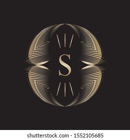 Abstract gold monogram, emblem, coat of arms, blazon, symbol, letter S sign, geometric golden lines pattern, ornament, vector modern design element.