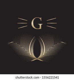Abstract gold monogram, emblem, logo, sign, symbol, coat of arms, blazon, geometric halftone lines dynamic pattern, vector modern design element.
