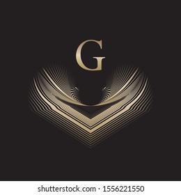 Abstract gold monogram, emblem, logo, sign, symbol, coat of arms, blazon, geometric halftone lines dynamic pattern, vector modern design element.