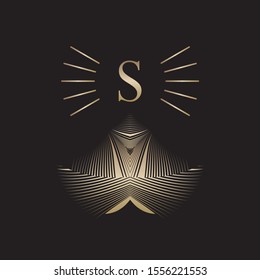 Abstract gold monogram, emblem, logo, sign, symbol, coat of arms, blazon, geometric halftone lines dynamic pattern, vector modern design element.