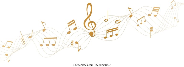 Abstractas notas de música dorada y clave en líneas onduladas de pentagrama para componer pentagramas musicales y diseño creativo de sonido