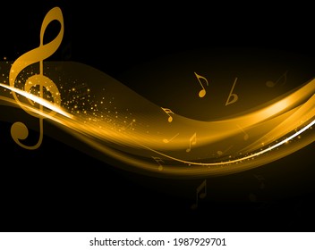 Resumen de notas de música dorada sobre el fondo de la ola en línea. G-clef negro y notas musicales aisladas 
