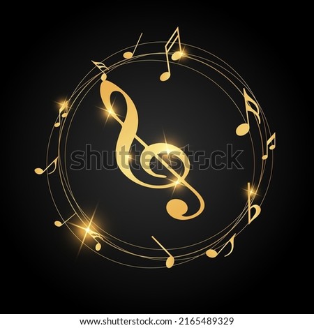 Abstract gold music notes on line wave background. Black G-clef and music notes isolated 