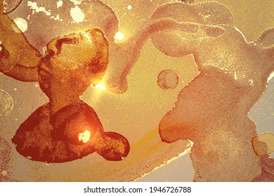 Abstract gold, orange and red marble texture with sparkles. Vector background in alcohol ink technique. Modern paint with glitter. Template for banner, poster design. Fluid art painting