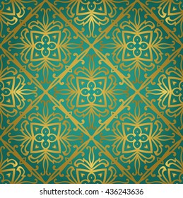 Abstract gold ornament on a turquoise background. Vector ornate oriental pattern. Template for carpet, textile, wallpaper, tile, mosaic.
