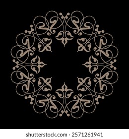 Abstract gold ornament. Round frame medallion with arabesques and floral elements. European ornament. Circle, ring Ancient Greece, Roman Empire. For household utensil, textile, embroidery, porcelain