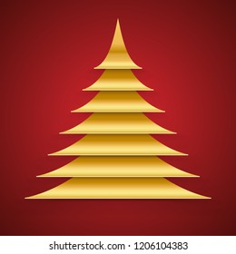 Abstract Gold Paper Cut Christmas Tree on Red Background Vector Card.