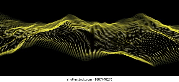 Resumen del fondo de partículas de oro. Ola de flujo con paisaje de puntos. Estructura de datos digitales. Malla futura o rejilla de sonido. Visualización de puntos de patrón. Ilustración vectorial de tecnología.