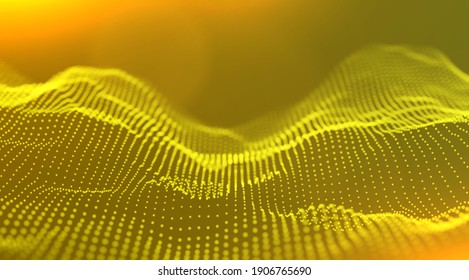 Abstract gold particle background. Flow wave with dot landscape. Digital data structure. Future mesh or sound grid. Pattern point visualization. Technology vector illustration.