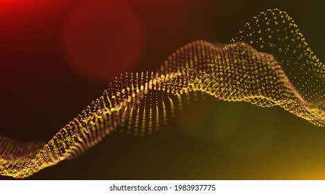 Abstract gold particle background. Flow wave with dot landscape. Digital data structure. Future mesh or sound grid. Pattern point visualization. Technology vector illustration.