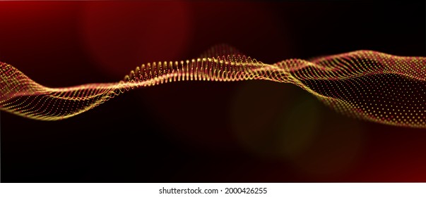 Abstract gold particle background. Flow wave with dot landscape. Digital data structure. Future mesh or sound grid. Pattern point visualization. Technology vector illustration.