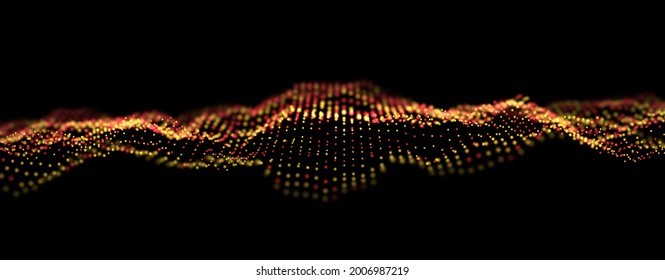 Abstrakter goldener Partikelhintergrund. Flusswelle mit Punktlandschaft. Digitale Datenstruktur. Künftiges Netz- oder Tongitter. Musterpunktvisualisierung. Technologie, Vektorgrafik.