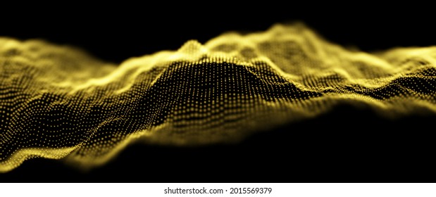 Resumen del fondo de partículas de oro. Ola de flujo con paisaje de puntos. Estructura de datos digitales. Malla futura o rejilla de sonido. Visualización de puntos de patrón. Ilustración vectorial de tecnología.