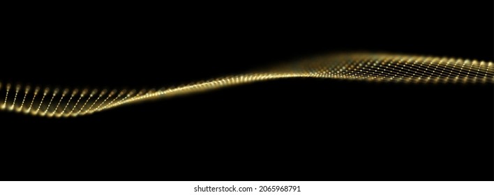 Abstract gold particle background. Flow wave with dot landscape. Digital data structure. Future mesh or sound grid. Pattern point visualization. Technology vector illustration.