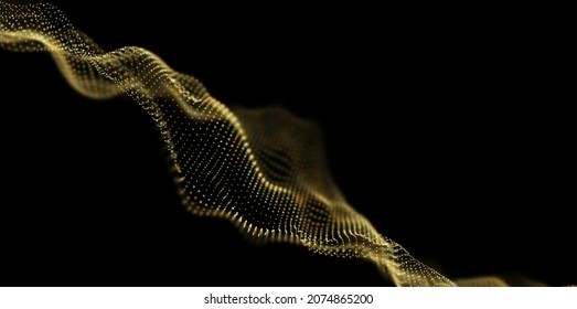 Abstract gold particle background. Flow wave with dot landscape. Digital data structure. Future mesh or sound grid. Pattern point visualization. Technology vector illustration.