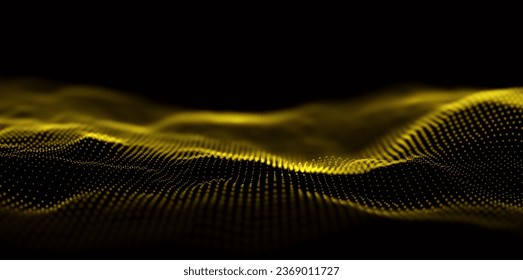 Resumen del fondo de partículas de oro. Ola de flujo con paisaje de puntos. Estructura de datos digitales. Malla futura o rejilla de sonido. Visualización de puntos de patrón. Ilustración vectorial de tecnología.