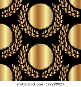 Abstract gold pattern from ball and wreath on a black background. Modern style wall decor. Interior design. Seamless pattern. Golden background.Presentation template on black background. 