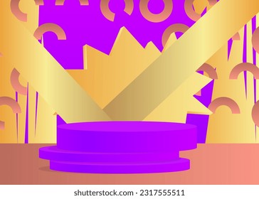 Abstract gold, purple and light red cylinder pedestal podium. Mockup minimal geometric product display. Vector stage showcase for presentation.