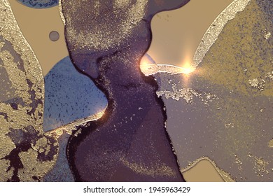 Oro abstracto, textura de mármol púrpura con chispas. Fondo vectorial en la técnica de tinta alcohólica. Pintura moderna con brillo. Plantilla para banner, diseño de afiches. Pintura de arte fluido