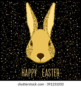 Abstract gold rabbit. Sparkle glitter texture. Happy easter rabbit card. 