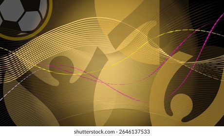 Abstract gold rays gradient banner modern design with soccer ball players fans glow stars wavy lines, dynamic fluid elements circle shapes frames for football brochure cover background template vector