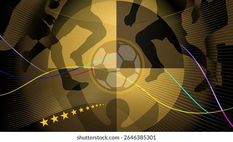 Abstract gold rays gradient banner modern design with soccer ball players fans glow stars wavy lines, dynamic fluid elements circle shapes frames for football brochure cover background template vector