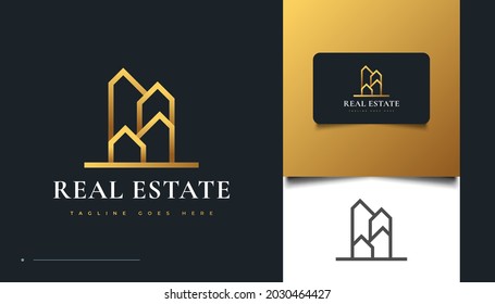 Abstract Gold Real Estate Logo Design with Line Style. Construction, Architecture or Building Logo Design