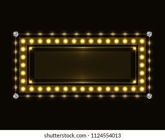 Abstract gold rectangle sparkling neon frame on black background.
