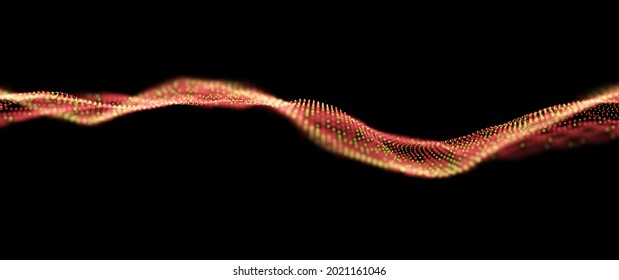 Abstract gold and red particles background. Flow wave with dot landscape. Digital data structure. Future mesh or sound grid. Pattern point visualization. Technology vector illustration.